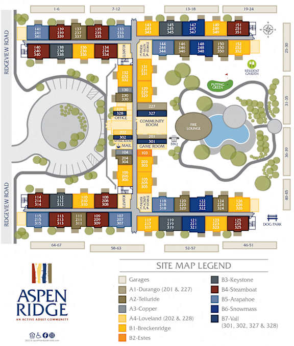 A map of the Aspen Ridge Apartments, showing the layout of the buildings and units.