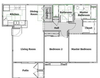 Arbor Pointe 2 Bedroom floor plan, 977 square feet with a patio