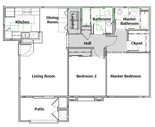 Floor Plan  Arbor Pointe 2 Bedroom floor plan, 977 square feet with a patio