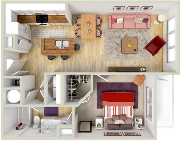 4700 Colonnade Birmingham Alabama one-bedroom apartment floorplan in 3d Rendering