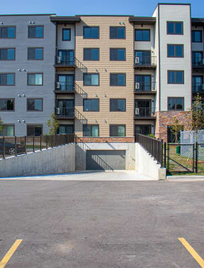 parking lot and exterior of an apartment building