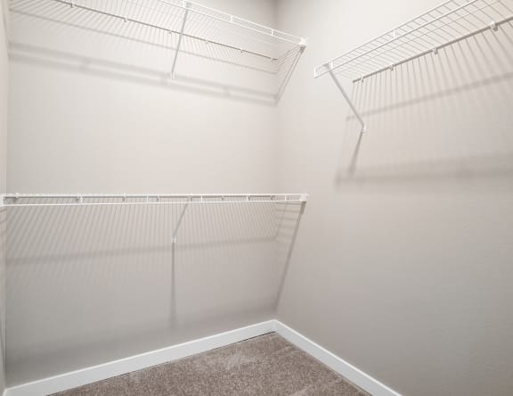 the spacious walk in closet in a bedroom of a home with white walls and shelves  at Aventura at Wentzville, Missouri, 63385