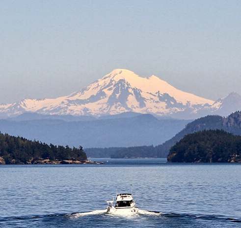A boat is sailing on a lake with a mountain in the background at Ellyson Apartment Homes in Tacoma, WA
