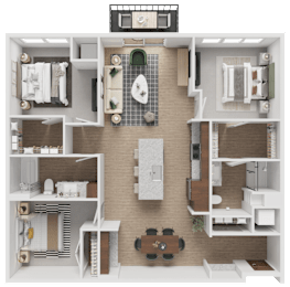 A 3D floor plan of a house with a kitchen, living room, and two bedrooms.