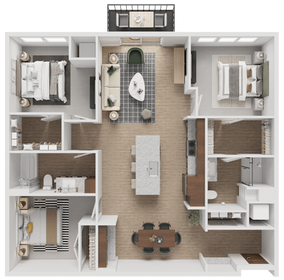 A 3D floor plan of a house with a kitchen, living room, and two bedrooms.