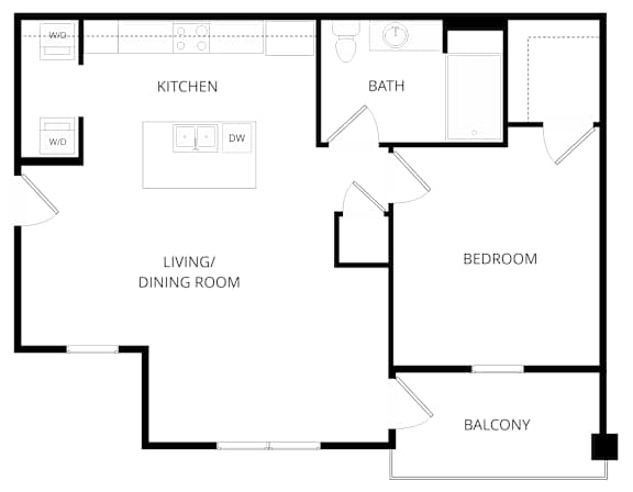 A floor plan of a house with a kitchen, living room, dining room, bathroom, bedroom, and balcony.