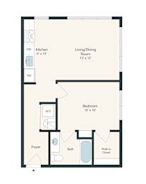A floor plan for a 1 bedroom apartment at Liberty Flats.