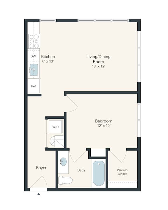 A floor plan for a 1 bedroom apartment at Liberty Flats.