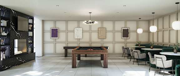 A modern dining room with a wooden table and chairs.