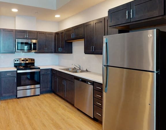 a large kitchen with stainless steel appliances and black cabinets