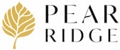 A logo with a leaf and the words "Pear Ridge" in black.