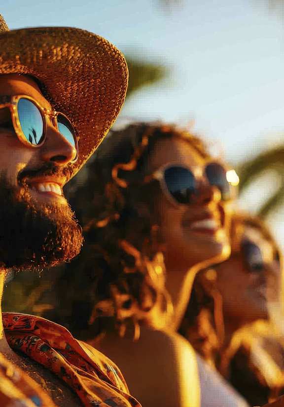 A man in a straw hat and sunglasses holds a drink in front of a group of people.
