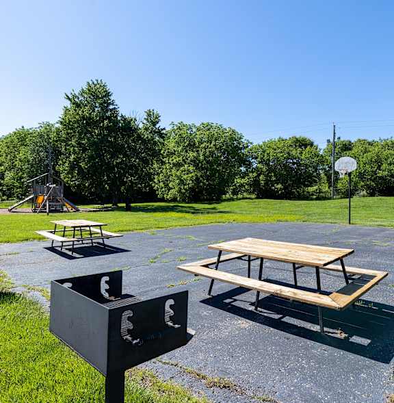 a picnic area with a picnic table and a basketball court