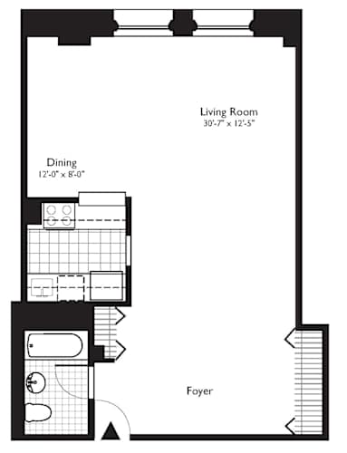 Floor Plan  A floor plan for Ocean Luxury Residences showing a layout with a dining area, living room, and foyer at One West, New York, New York.