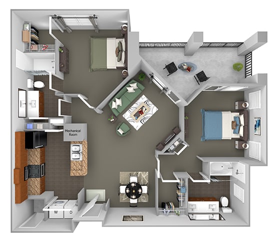 Delano at Cypress Creek - B3 (Dorchester) - 2 bedrooms and 2 bath - 3D Floor Plan