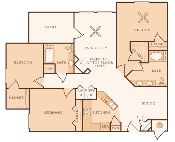 Mountain Shadows Apartments - C1 (Corsica) - 3 Bedroom and 2 bath - 3D Floor plan