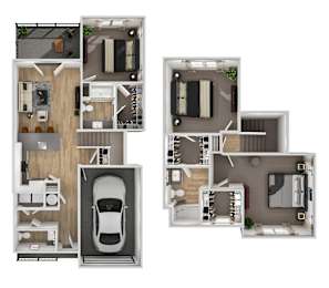 A floor plan of a three bedroom townhouse with a garage