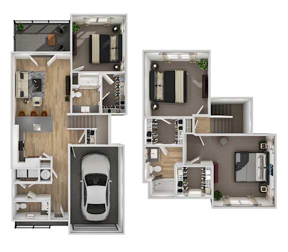 A floor plan of a three bedroom townhouse with a garage