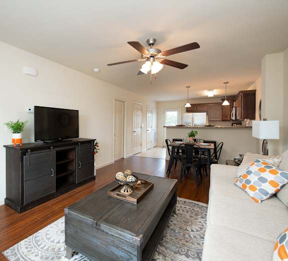 A living room with a television, a couch, and a coffee table.