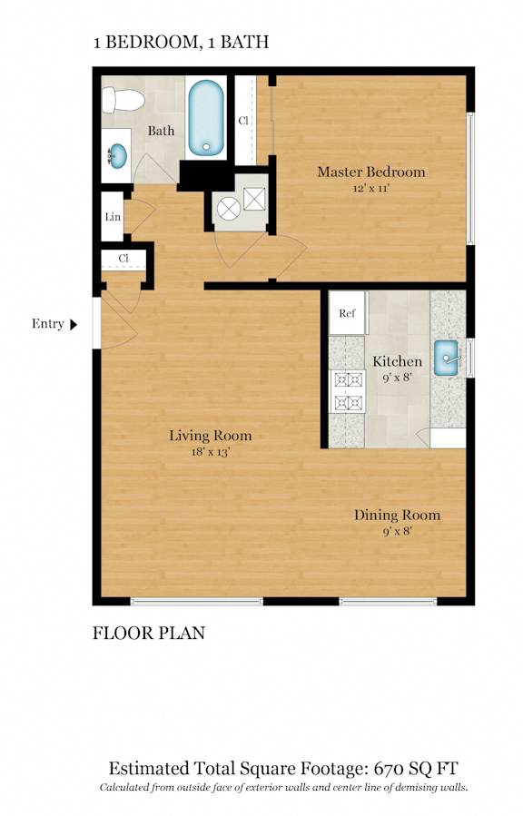 A floor plan of a house with a total estimated square footage of 905.