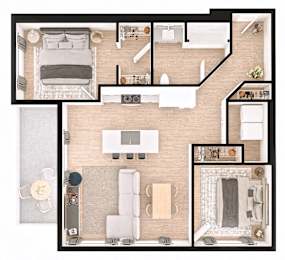 A floor plan of a house with a kitchen, living room, and two bedrooms.