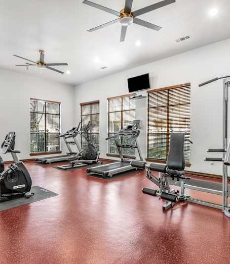 A gym with a variety of exercise equipment including treadmills, stationary bikes, and weight machines.
