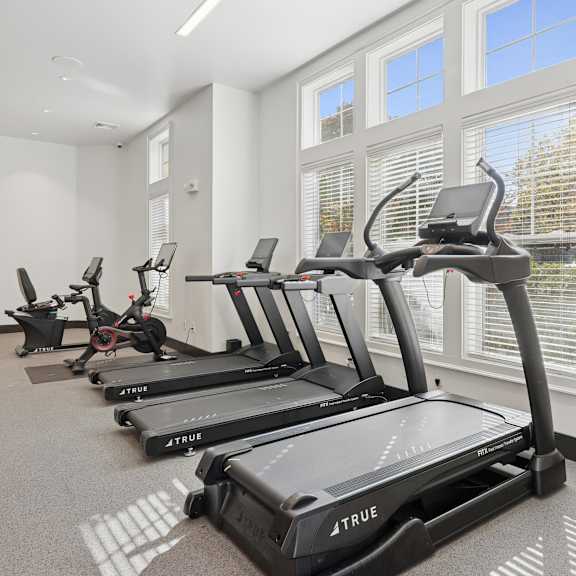 a gym with cardio equipment and weights in a building with blue walls