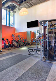A gym with treadmills, weights and a television.at Eleven Fifty Clay Street, Oakland, CA