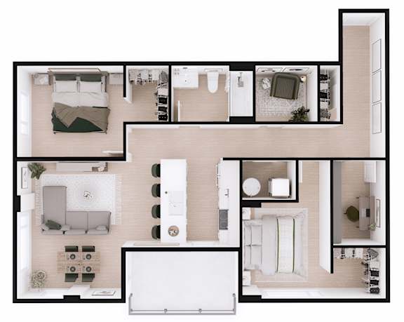 A top-down view of a modern apartment layout.
