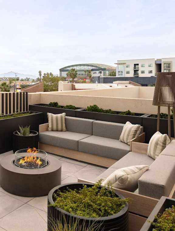 rooftop firepit with view of stadium