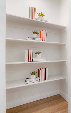 A white shelf with books and plants on it.