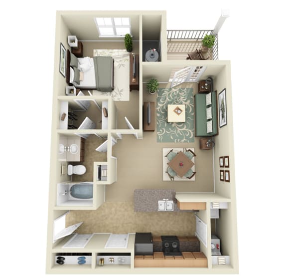 1 bedroom apartment floor plan at the Haven at Knob Creek Apartments Johnson City, TN
