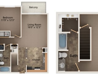 Evergreen multilevel two bedroom floorplan at highland view apartments
