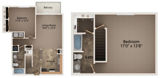 Floor Plan  Evergreen multilevel two bedroom floorplan at highland view apartments