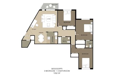 A floor plan of a MISSISSIPPI themed room with 3 bedrooms and 1.5 bathrooms.