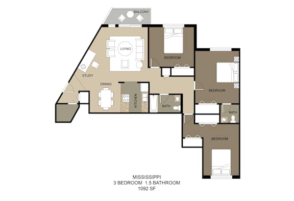 A floor plan of a MISSISSIPPI themed room with 3 bedrooms and 1.5 bathrooms.