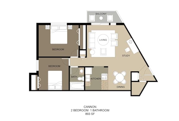 A floor plan of a two bedroom, one bathroom apartment.