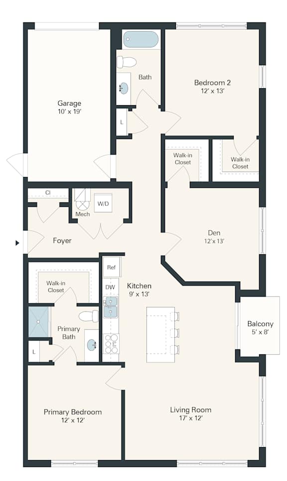 A floor plan for a 2 bedroom apartment with den.