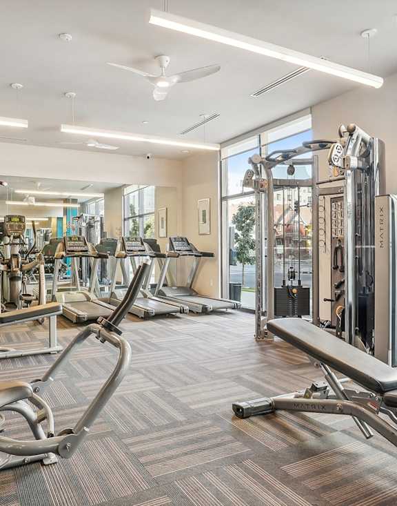 A gym with a variety of equipment including a leg press machine.