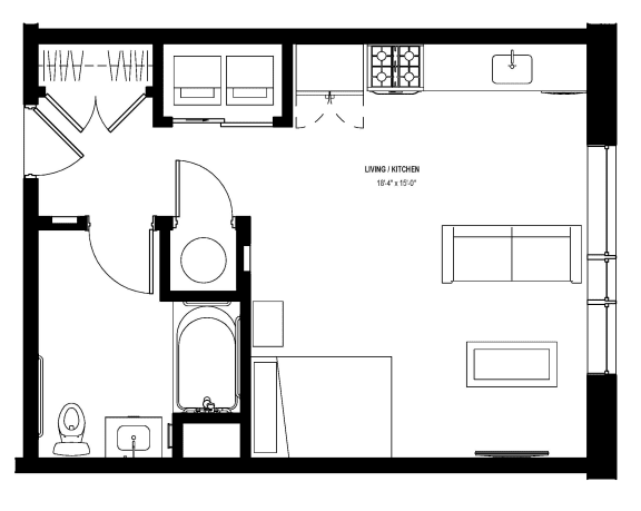 Studio 1 bath floor plan E at Glassworks, Pennsylvania, PA