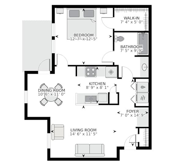 Floor Plan  A floor plan of a living space with a living room, dining room, kitchen, bathroom, and bedroom.