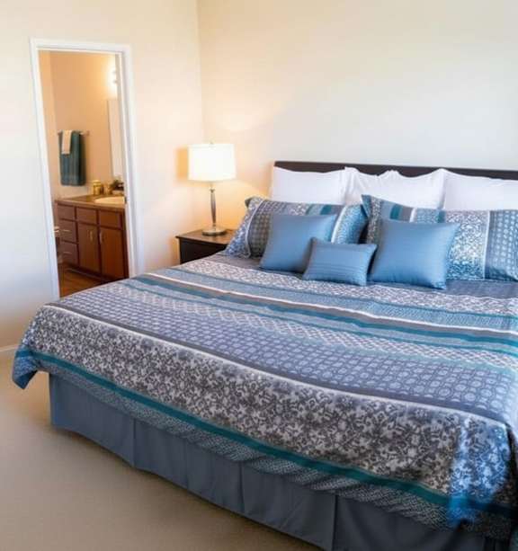 A bed with a blue and white comforter is in a room with a white wall and a wooden dresser.