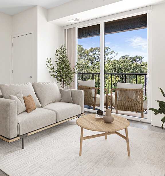 Living room with attached balcony at Elements of Linden Hills, Minneapolis, Minnesota