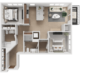 A 3D floor plan of a house with a kitchen, living room, two bedrooms, and a bathroom.