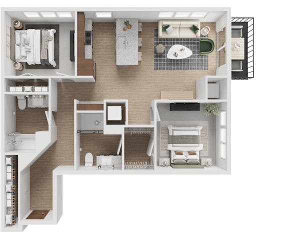 A 3D floor plan of a house with a kitchen, living room, two bedrooms, and a bathroom.