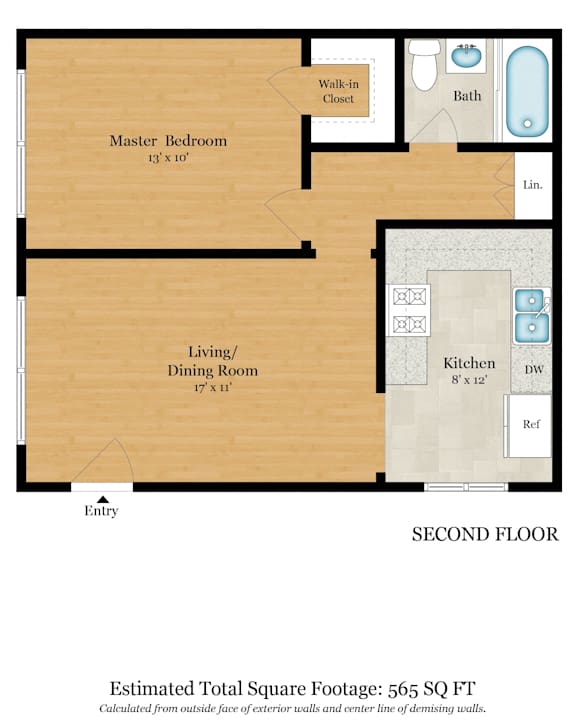 A floor plan of a house with a total estimated square footage of 905.