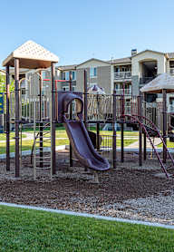 A playground with a purple slide and a green slide.