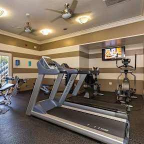 A gym with treadmills, a stationary bike, and a weight bench.