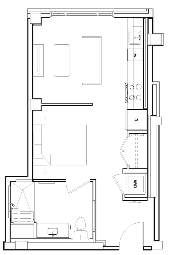 A floor plan for Madison House Studio Apartment 107 on Church Street.