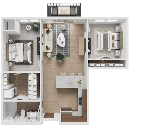 A detailed 3D floor plan of a small apartment layout.